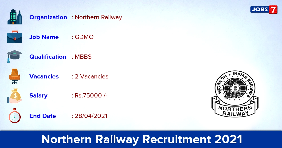 Northern Railway Recruitment 2021 - Apply  for CMP (GDMO) Jobs