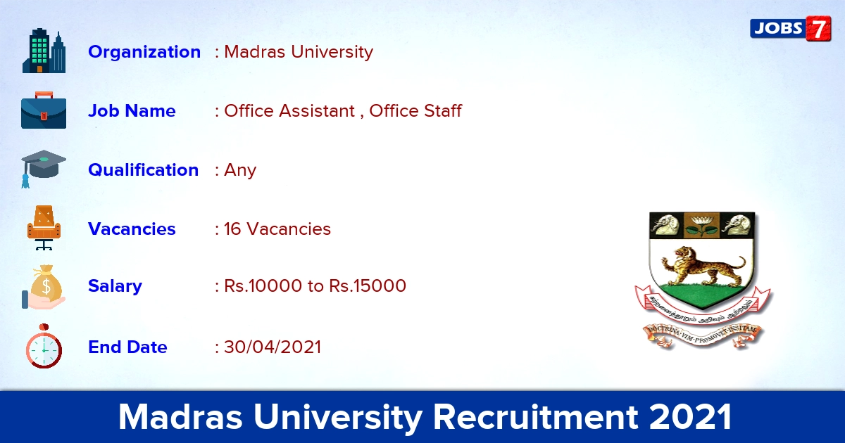 Madras University Recruitment 2021 - Apply Offline for 16 Office Assistant , Office Staff vacancies