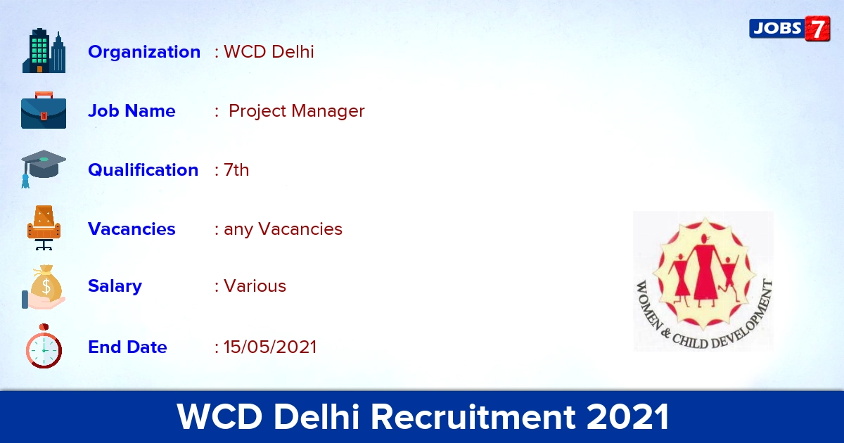 WCD Delhi Recruitment 2021 - Apply Offline for NaN  Project Manager vacancies