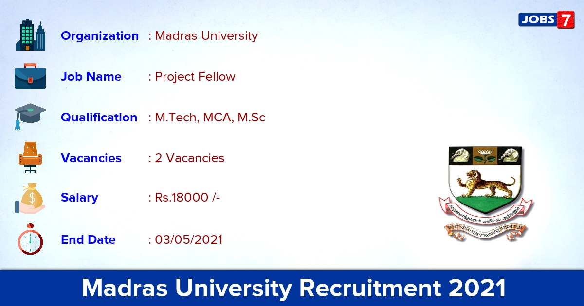 Madras University Recruitment 2021 - Apply Offline for Project Fellow Jobs