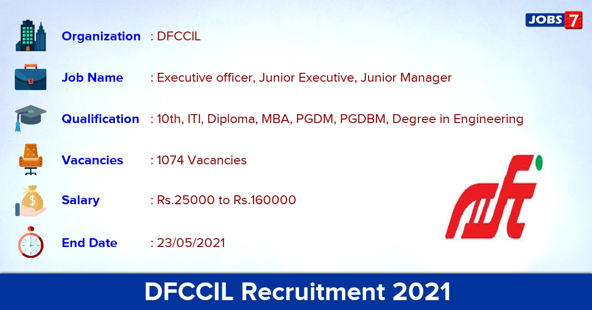 DFCCIL Recruitment 2021 - Apply Online for 1074 Junior Executive, Junior Manager Vacancies (Last Date Extended)
