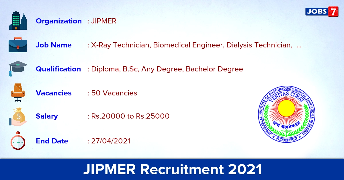 JIPMER Recruitment 2021 - Apply Walk In for 50  Biomedical Engineer, Technician vacancies