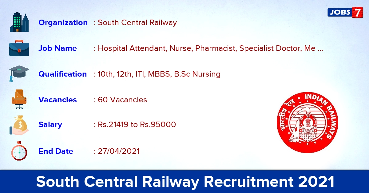 South Central Railway Recruitment 2021 - Apply Online for 60  Pharmacist, Specialist Doctor vacancies