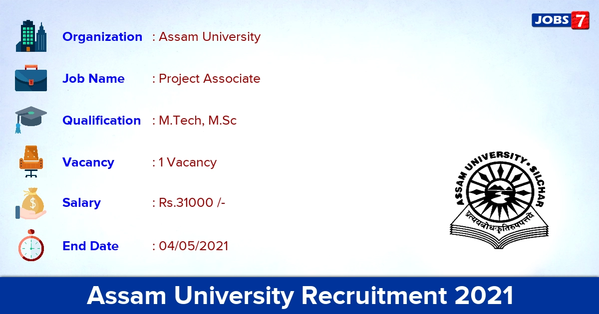 Assam University Recruitment 2021 - Apply Online for Project Associate Jobs