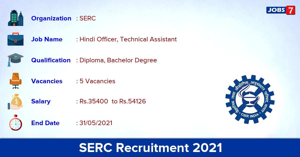 SERC Chennai Recruitment 2021 - Apply Offline for Hindi Officer, Technical Assistant Jobs