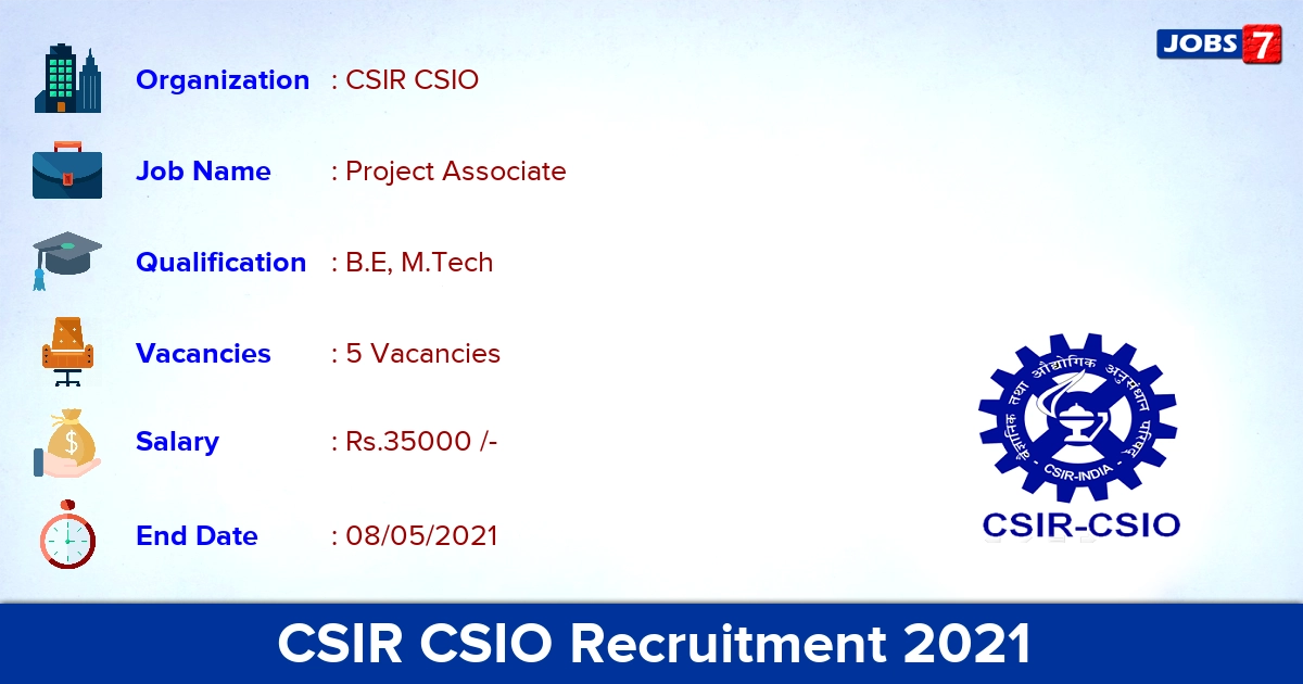 CSIR CSIO Recruitment 2021 - Apply Online for Project Associate Jobs