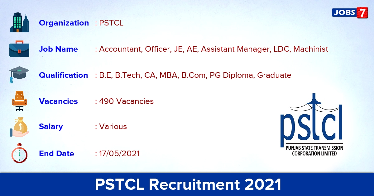 PSTCL Recruitment 2021 - Apply Online for 490 Accountant, JE, AE vacancies