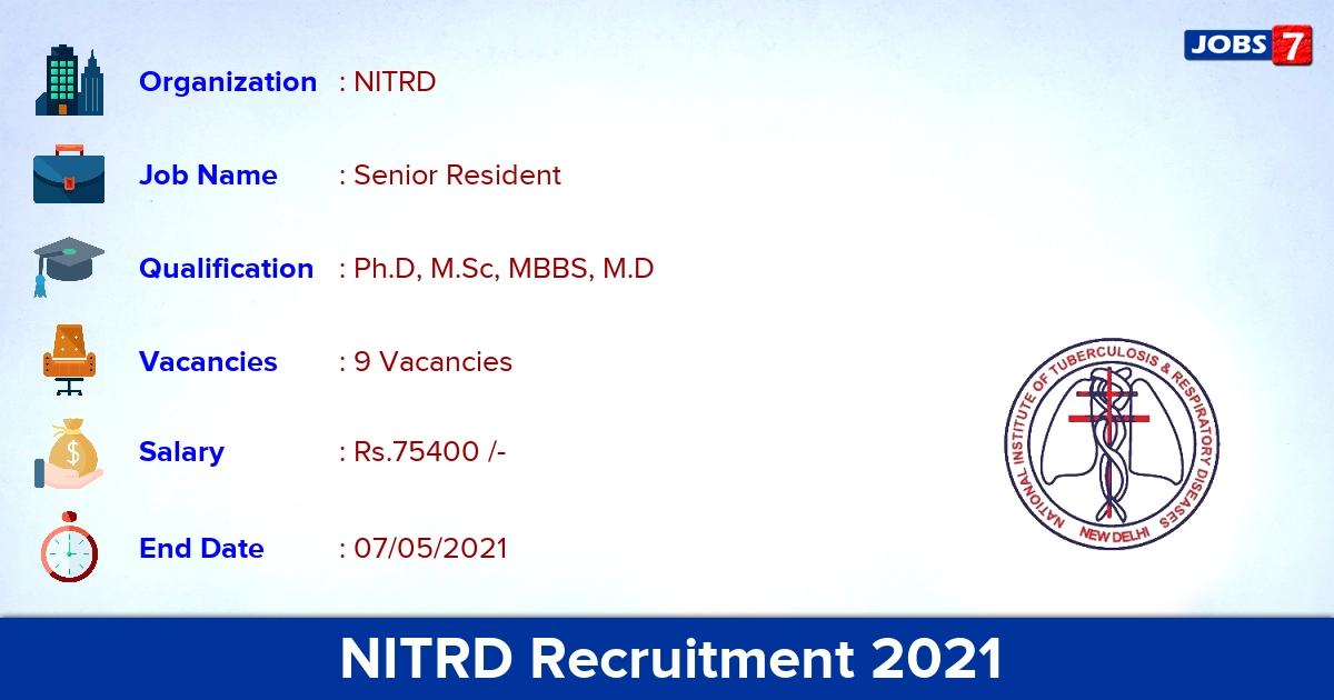 NITRD Recruitment 2021 - Apply Offline for Senior Resident Jobs