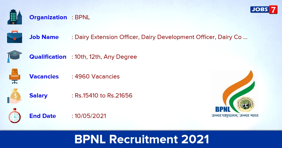 BPNL Recruitment 2021 - Apply Online for 4960 Dairy Extension Officer Vacancies (Last Date Extended)