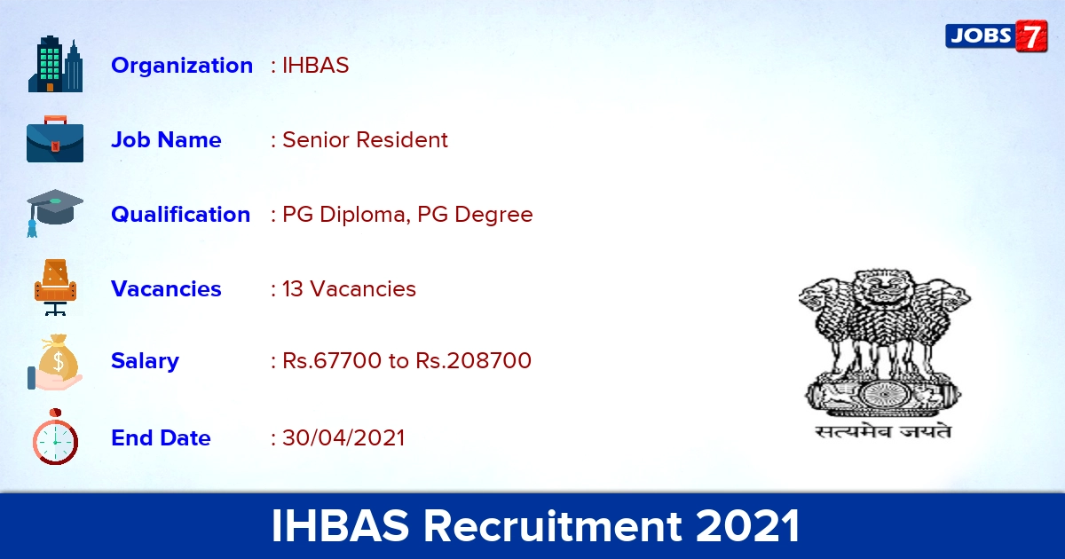 IHBAS Recruitment 2021 - Apply Offline for 13 Senior Resident Vacancies