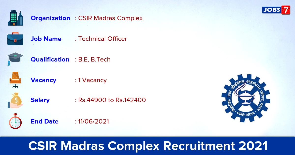 CSIR Madras Complex Recruitment 2021 - Apply for Online Technical Officer  Jobs