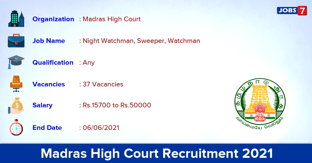 Madras High Court Recruitment 2021 - Apply Online for 37 Watchman, Sweeper vacancies