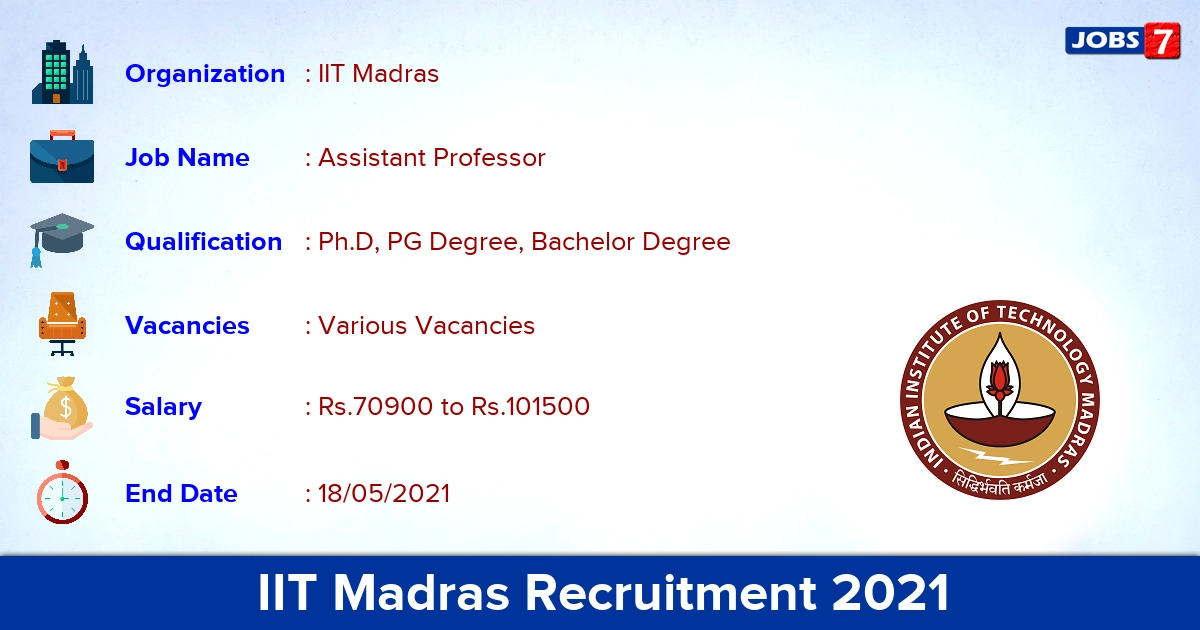 IIT Madras Recruitment 2021 - Apply Online for Assistant Professor Vacancies
