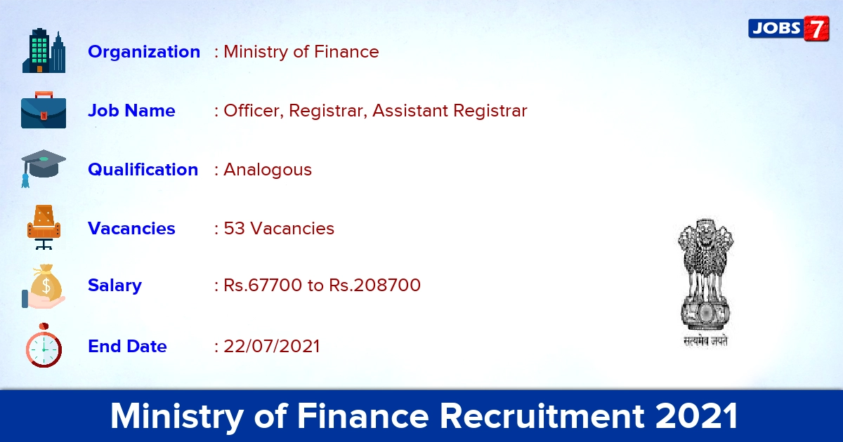 Ministry of Finance Recruitment 2021 - Apply Offline for 53 Assistant Registrar Vacancies (Last Date Extended)