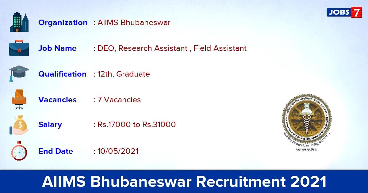 AIIMS Bhubaneswar Recruitment 2021 - Apply Offline for DEO, Field Assistant Jobs