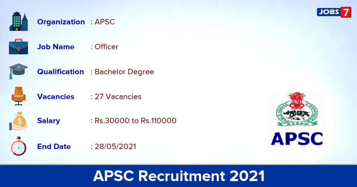 APSC Recruitment 2021 - Apply Online for 27 Officer Vacancies