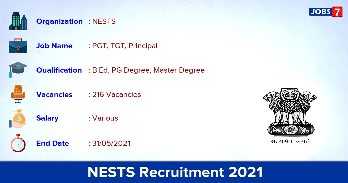 NESTS Recruitment 2021 - Apply Online for 216 PGT, TGT, Principal Vacancies