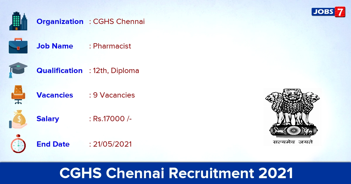 CGHS Chennai Recruitment 2021 - Apply Offline for Pharmacist Jobs