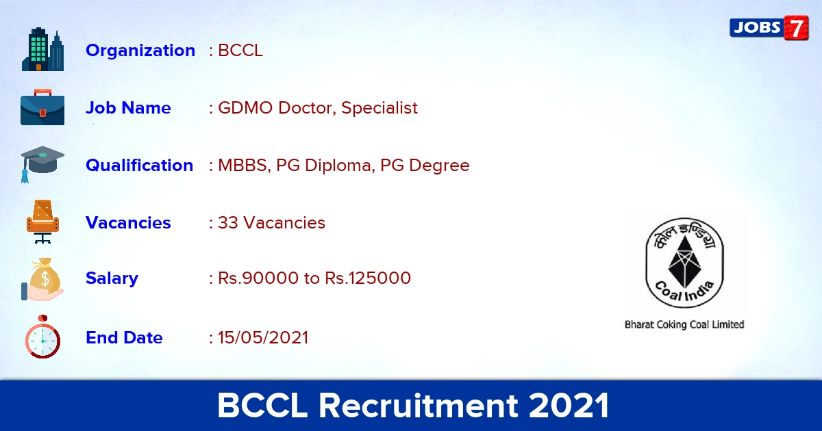 BCCL Recruitment 2021 - Apply Online for 33 GDMO Doctor Vacancies