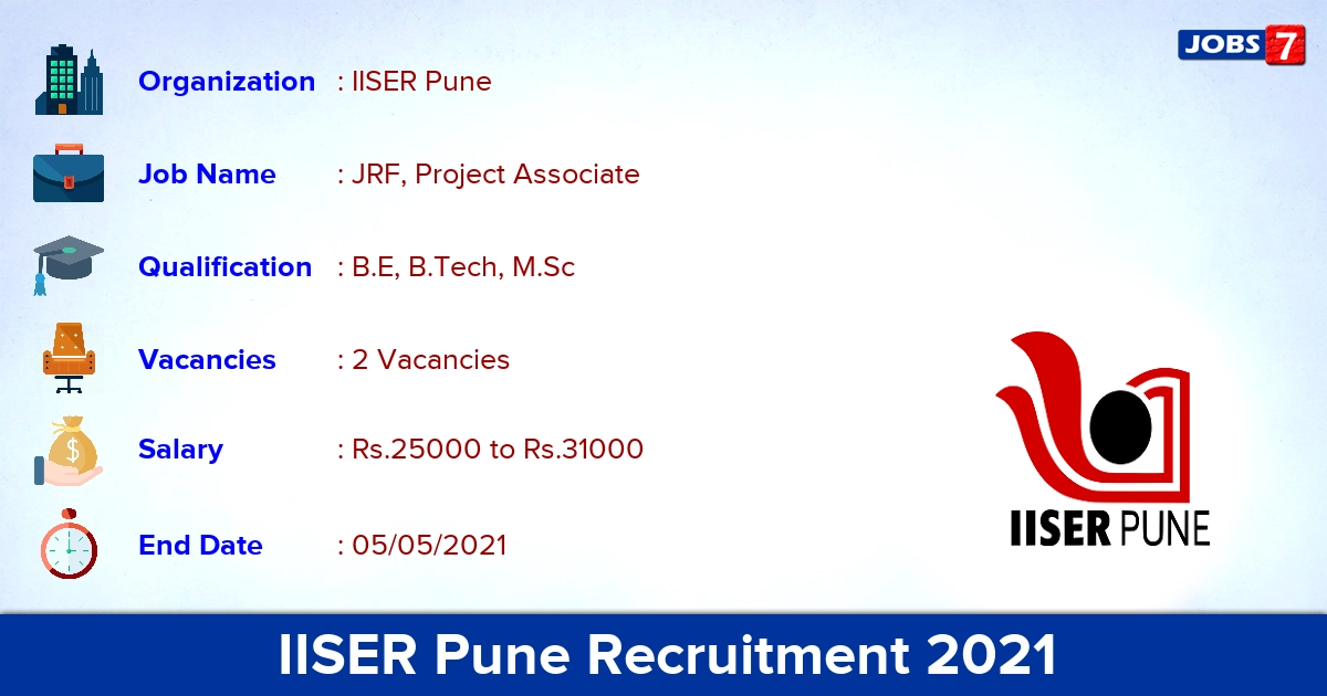 IISER Pune Recruitment 2021 - Apply Online for JRF, Project Associate Jobs
