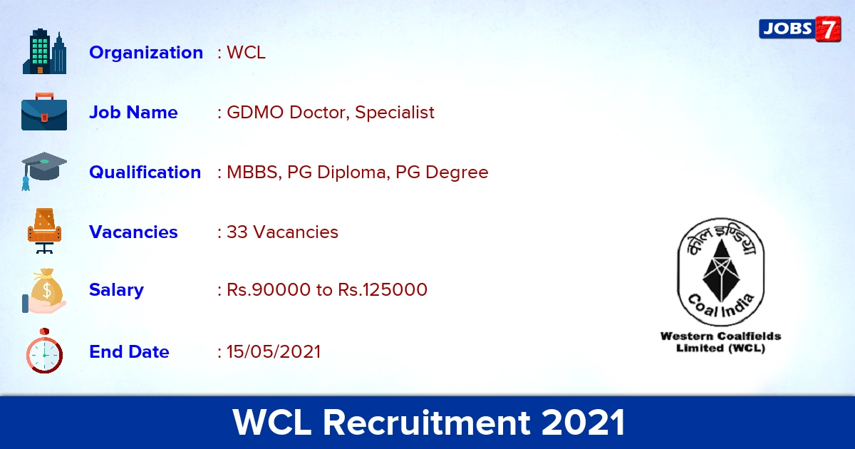 WCL Recruitment 2021 - Apply Online for 33 GDMO, Specialist vacancies