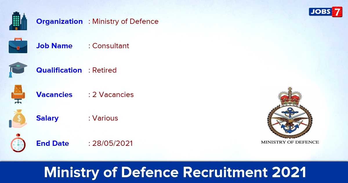 Ministry of Defence Recruitment 2021 - Apply Offline for Consultant Jobs