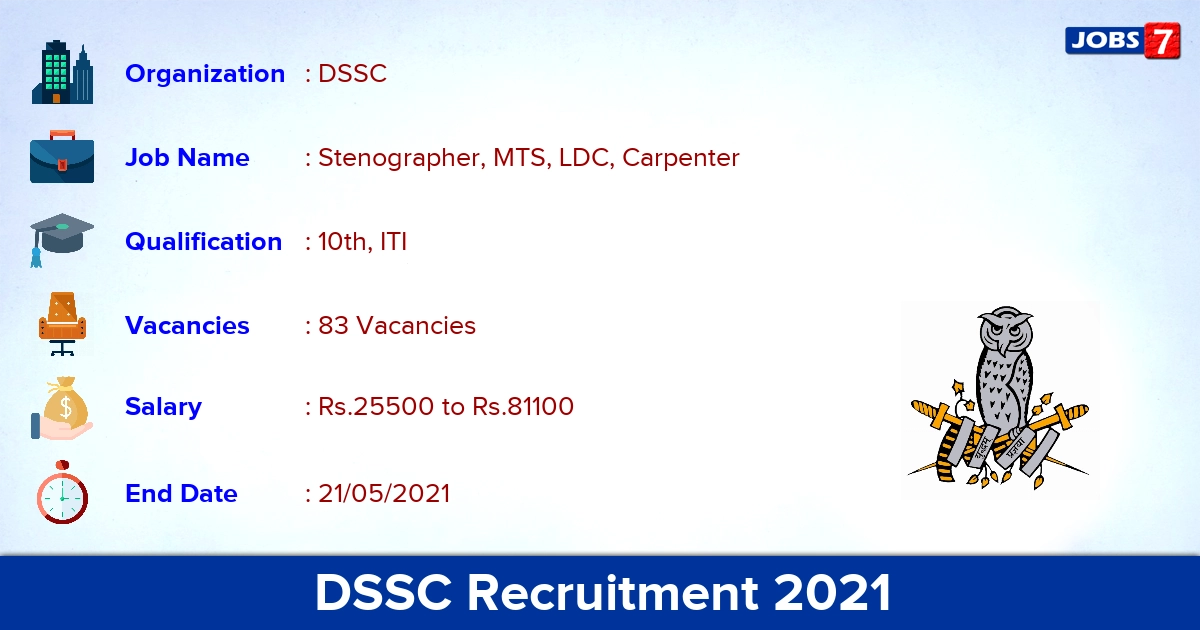 DSSC Recruitment 2021 - Apply Offline for 83 Stenographer, LDC Vacancies