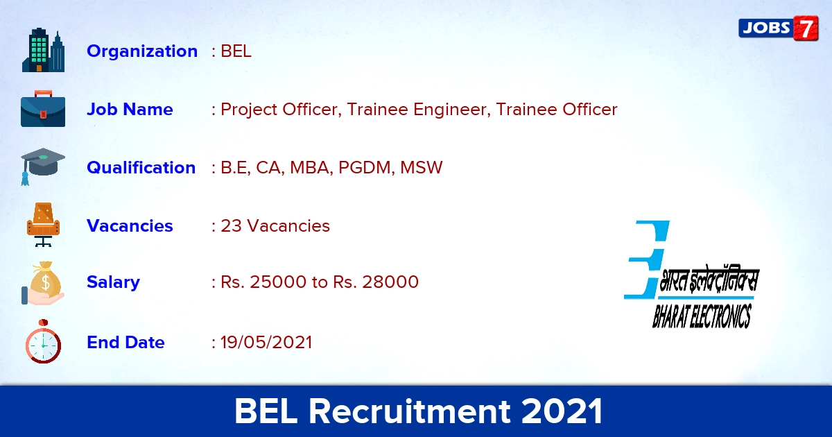 BEL Recruitment 2021 - Apply Online for 23 Trainee Officer Vacancies