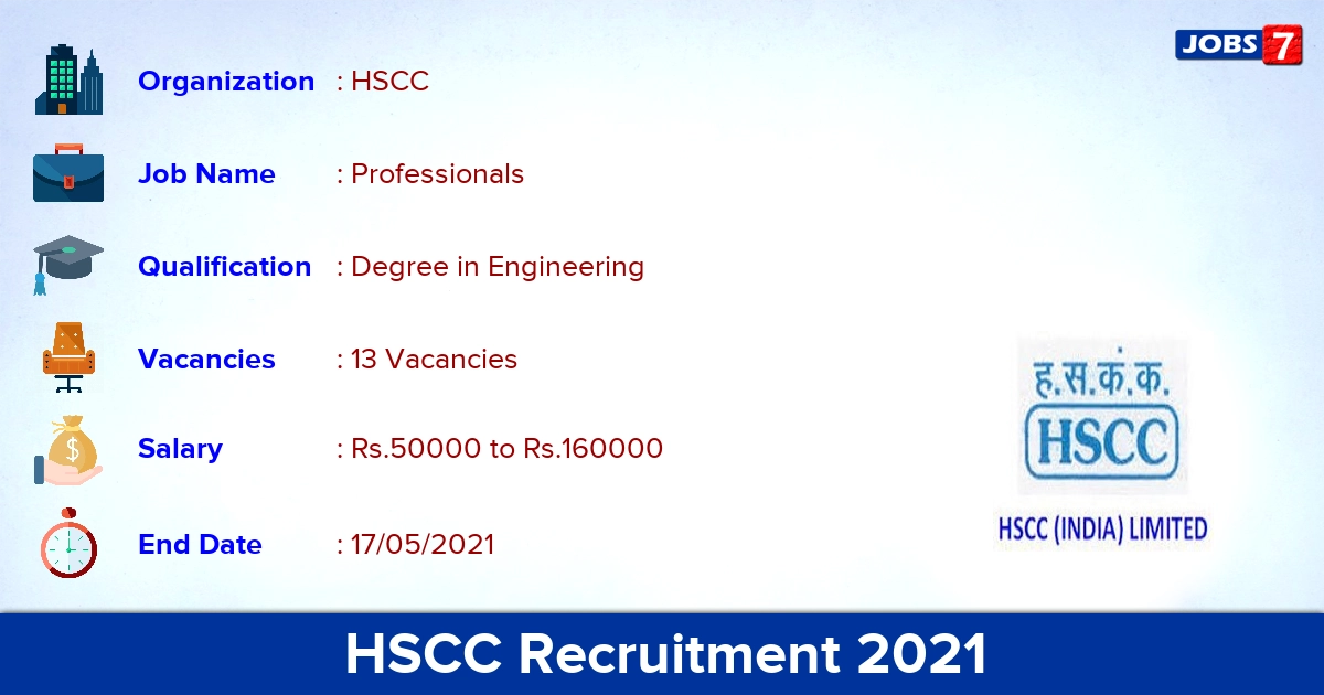 HSCC Recruitment 2021 - Apply Offline for 13 Professional Vacancies