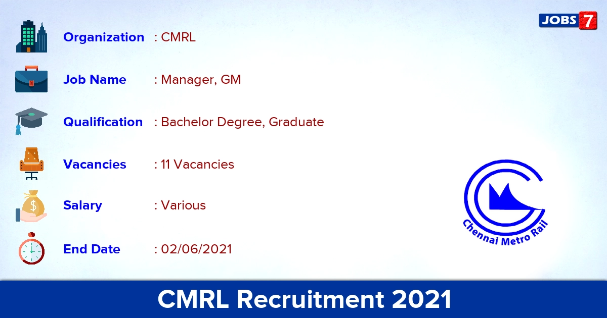 CMRL Recruitment 2021 - Apply Offline for 11 Manager, GM vacancies CMRL Recruitment 2021 - Apply Offline for 11 Manager, GM vacancies