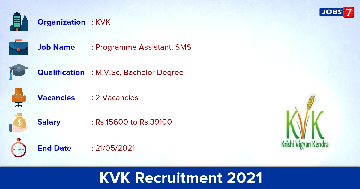 KVK Recruitment 2021 - Apply Offline for Programme Assistant, SMS Jobs