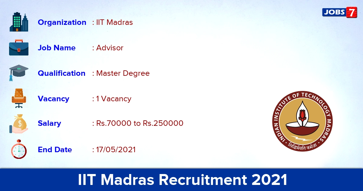 IIT Madras Recruitment 2021 - Apply Online for Senior Project Advisor Jobs