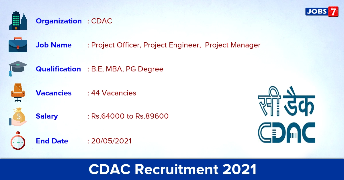 CDAC Recruitment 2021 - Apply Online for 44 Project Officer Vacancies