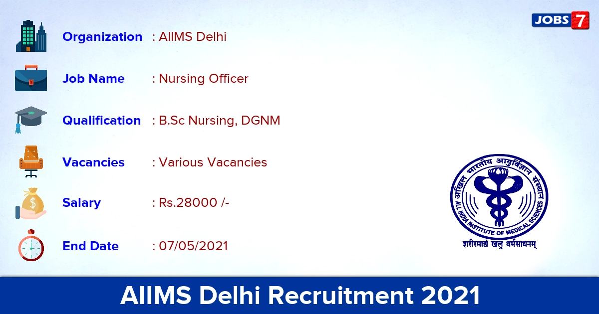 AIIMS Delhi Recruitment 2021 - Apply Online for Nursing Officer Vacancies