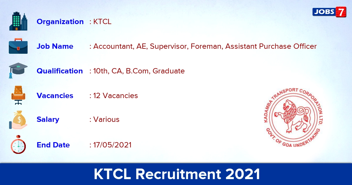 KTCL Recruitment 2021 - Apply Offline for 12 Accountant, AE Vacancies