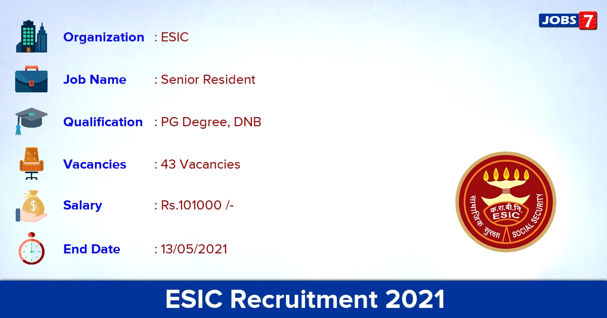 ESIC Recruitment 2021 - Apply Offline for 43 Senior Resident Vacancies