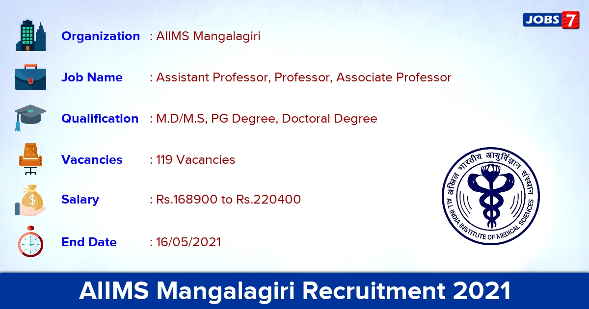 AIIMS Mangalagiri Recruitment 2021 - Apply Online for 119 Professor Vacancies
