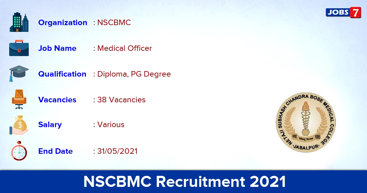 NSCBMC Recruitment 2021 - Apply Offline for 38 Medical Officer vacancies