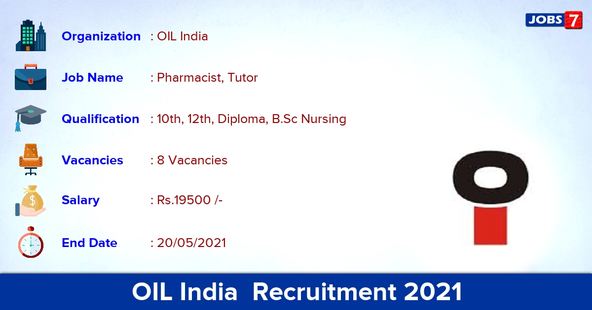 OIL India  Recruitment 2021 - Apply Offline for Pharmacist, Tutor Jobs