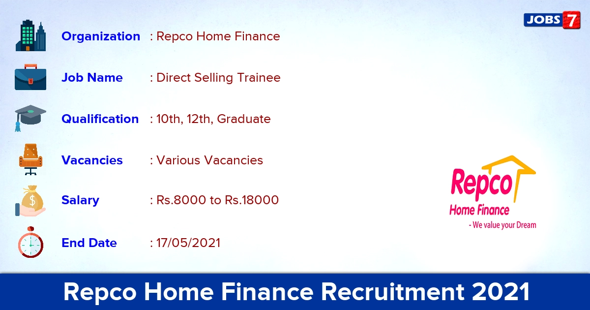 Repco Home Finance Recruitment 2021 - Apply Offline for Direct Selling Trainee Vacancies