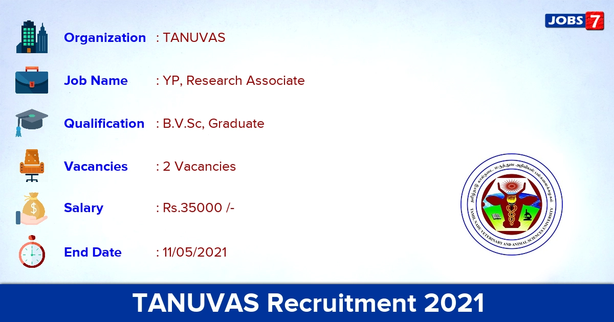 TANUVAS Recruitment 2021 - Apply Offline for YP, Research Associate Jobs TANUVAS Recruitment 2021 - Apply Offline for YP, Research Associate Jobs