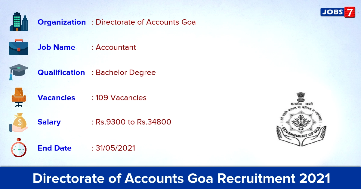 Directorate of Accounts Goa Recruitment 2021 - Apply Online for 109 Accountant vacancies