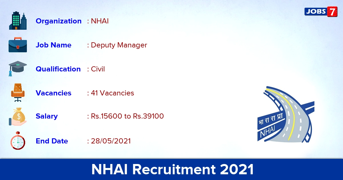 NHAI Recruitment 2021 - Apply Online for 41 Deputy Manager vacancies