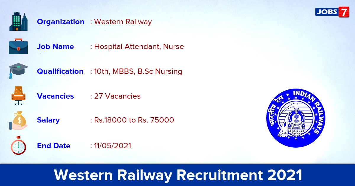 Western Railway Recruitment 2021 - Apply Online for 27 Hospital Attendant, Nurse vacancies
