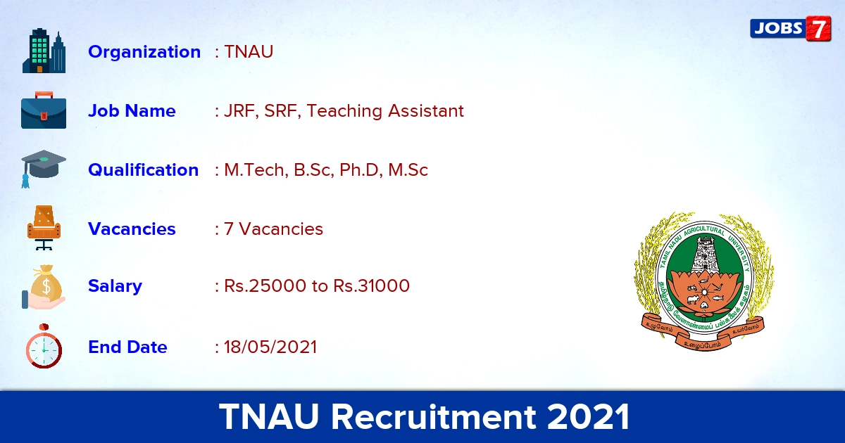 TNAU Recruitment 2021 - Apply Offline for Teaching Assistant Jobs