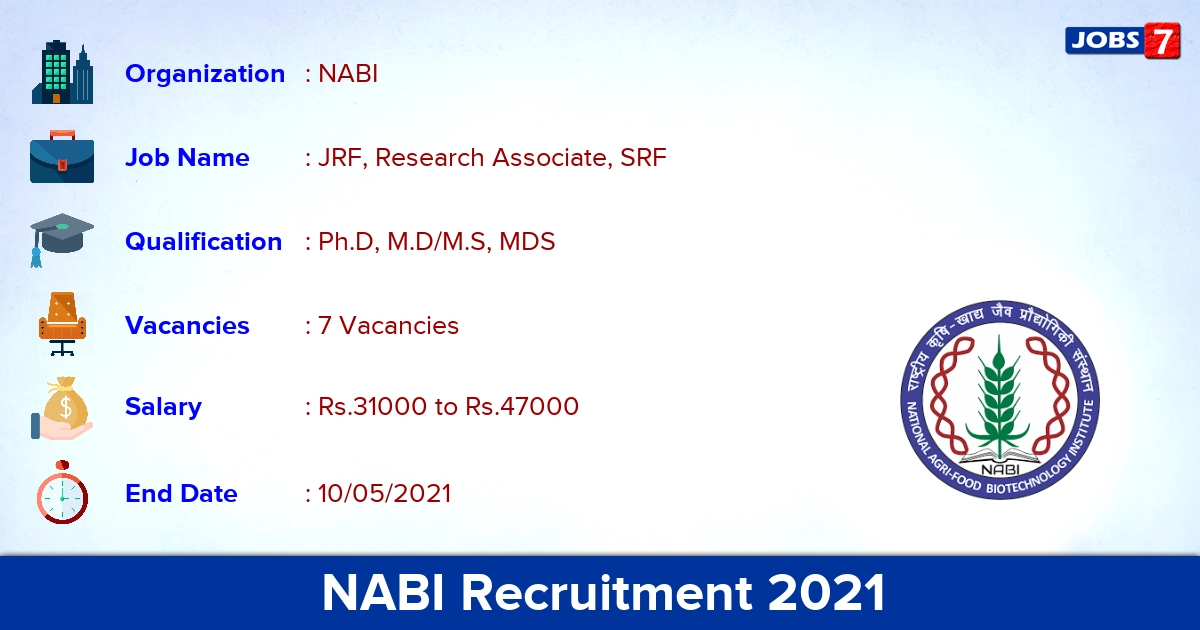 NABI Recruitment 2021 - Apply Online for JRF, Research Associate Jobs