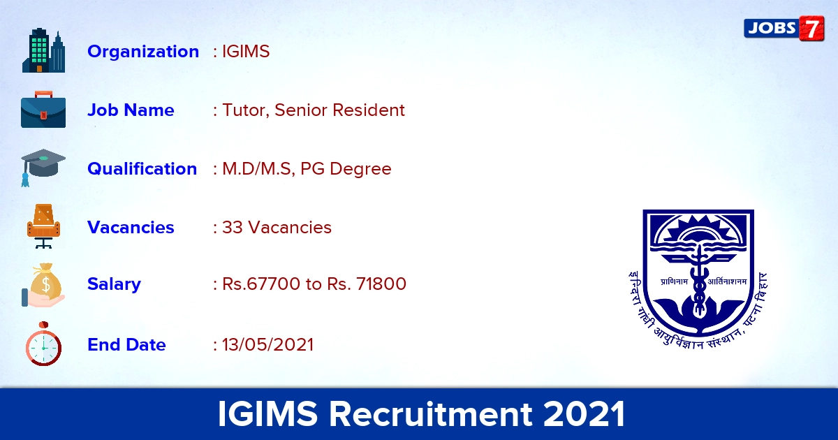 IGIMS Recruitment 2021 - Apply Offline for 33 Tutor, Senior Resident vacancies