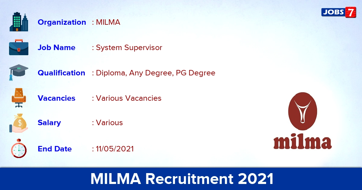 MILMA Recruitment 2021 - Apply Offline for Various System Supervisor vacancies