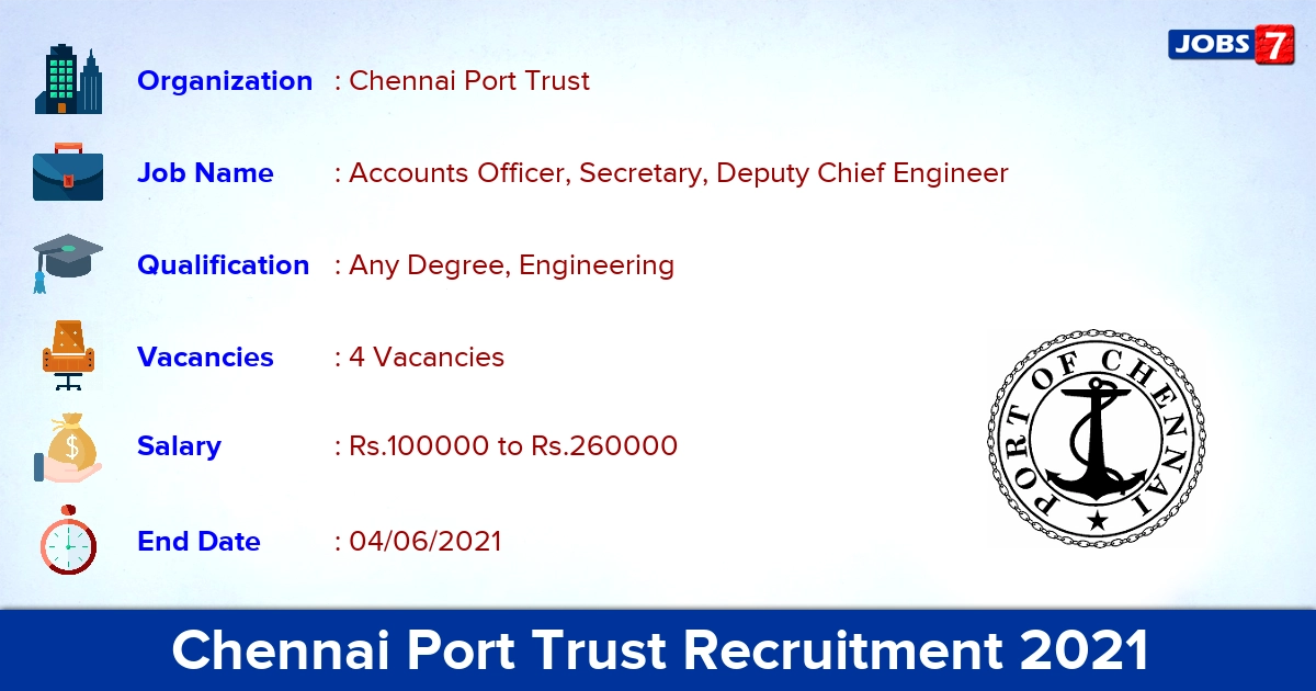 Chennai Port Trust Recruitment 2021 - Apply Online for Accounts Officer, Secretary, Deputy Chief Engineer Jobs