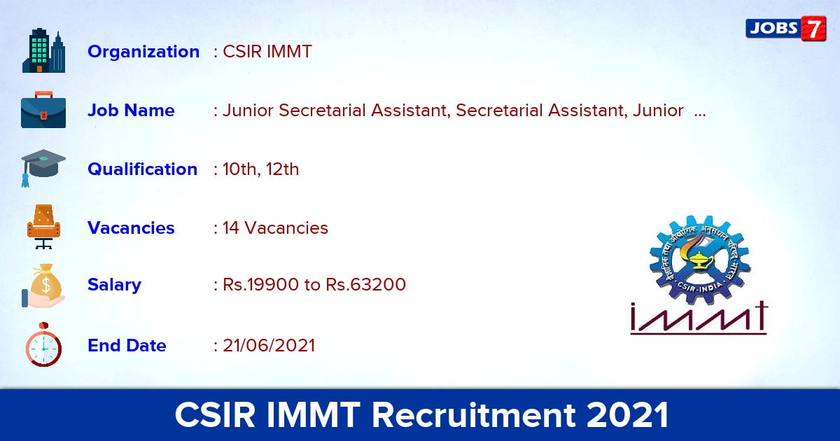 CSIR IMMT Recruitment 2021 - Apply Online for 14 Junior Secretarial Assistant vacancies